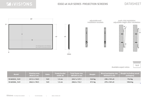 Alle afmetingen van de Edge 4K ALR projectieschermen. Download deze datasheet als PDF bij Documenten. ||