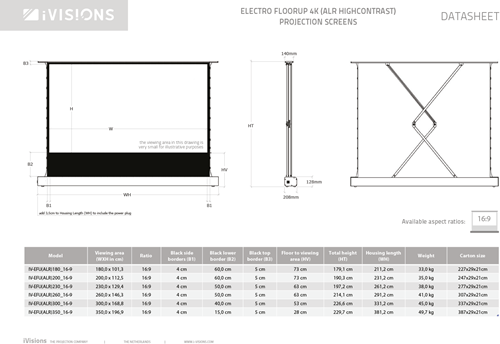 Alle afmetingen van de Electro FloorUp 4K projectieschermen. Download deze datasheet als PDF bij Documenten. ||
