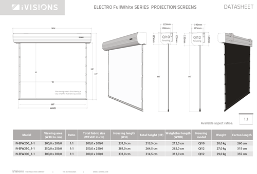 Alle afmetingen van de Electro FullWhite projectieschermen. Download deze datasheet als PDF bij Documenten. ||