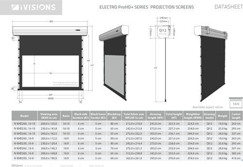 Alle afmetingen van de Electro ProHD+ projectieschermen. Download deze datasheet als PDF bij Documenten. ||