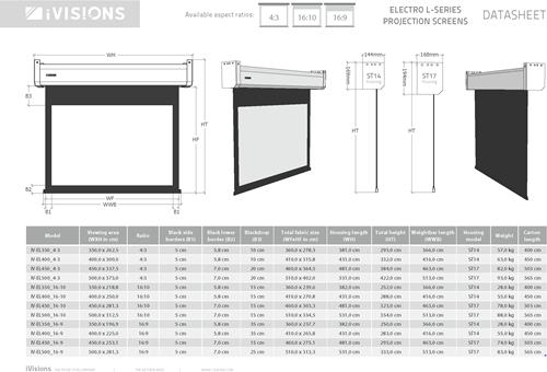 Alle afmetingen van de Electro L-Series projectieschermen. Download deze datasheet als PDF bij Documenten. ||