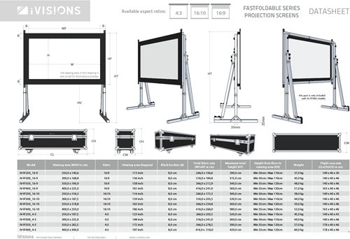 Alle afmetingen van de FastFoldable projectieschermen. Download deze datasheet als PDF bij Documenten. ||