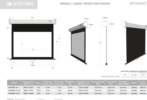 Alle afmetingen van de Manual L-Series projectieschermen. Download deze datasheet als PDF bij Documenten. ||