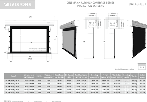 Alle afmetingen van de Cinema 4K ALR projectieschermen. Download deze datasheet als PDF bij Documenten. ||