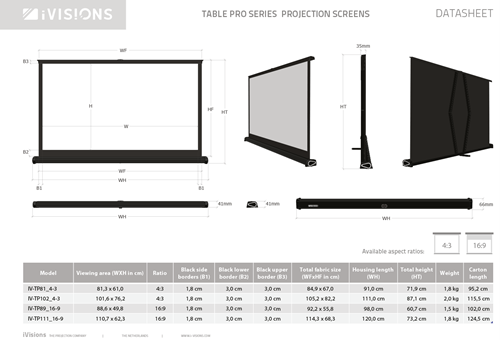 Alle afmetingen van de Table Pro projectieschermen. Download deze datasheet als PDF bij Documenten. ||
